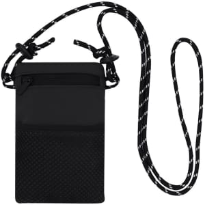 A black multipurpose bag with a textured front, featuring a logo and an adjustable patterned strap.