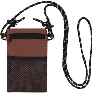 A multipurpose bag in rust and black with a mesh pocket, featuring an adjustable cord strap and a logo.