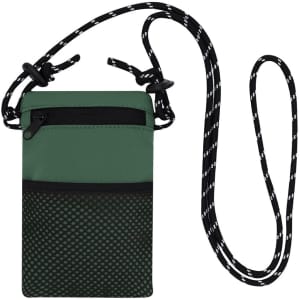 A green and black Veltox Multipurpose Bag with a mesh pocket and an adjustable strap. It features a zippered compartment.