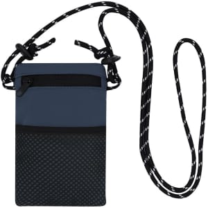 A navy and black multipurpose bag with a zippered pocket and a patterned bottom, featuring a rope strap.
