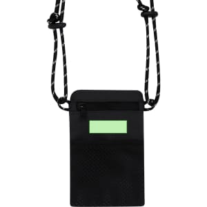A black multipurpose bag with a textured surface and adjustable string straps, featuring a reflective area.