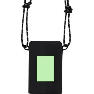 A black multipurpose bag with a green rectangular section, featuring a logo and a crossbody strap.