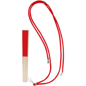A red Yanex hand fan with a wooden handle and red cord for easy carrying. Features a logo on the handle.