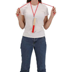 A handheld fan with a red strap, held by a person wearing a white t-shirt and blue jeans.