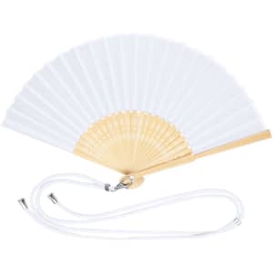 A white hand fan with a beige handle and a cord attached for easy carrying.