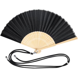 A black hand fan with a beige base and a detachable strap for easy carrying. It features a logo on the handle.
