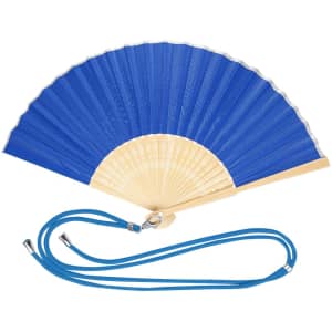 A blue hand fan with a cream handle and a blue strap, featuring a decorative fan shape.