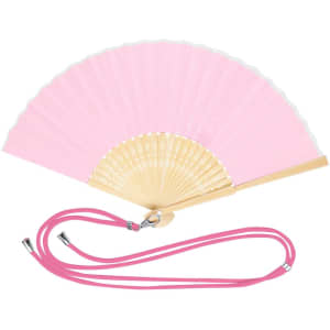 A pink hand fan with bamboo frame and a matching lanyard for easy carrying.