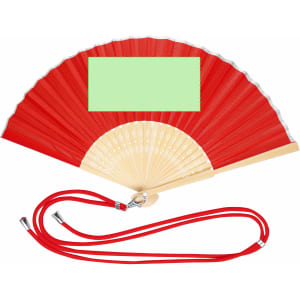 A red hand fan with a cream interior, featuring a logo and attached red strap for easy carry.