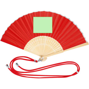 A red hand fan with a cream handle and a matching red strap. It features a blank square area for customisation.