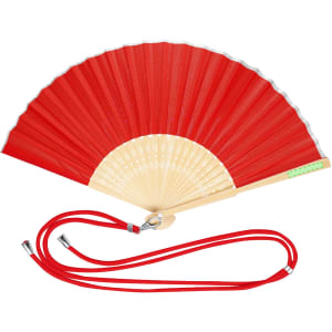 A red hand fan with a wooden handle and a matching red strap for easy carrying. It features a decorative design.