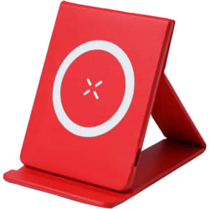 A red wireless charger with a stand, featuring a circular logo on the surface.