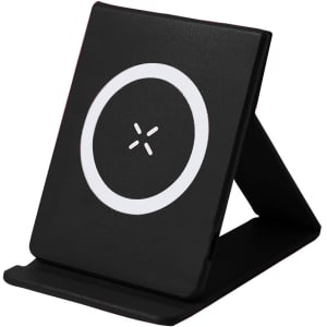 A wireless charger in black, featuring a circular design and a supportive stand for easy device placement.