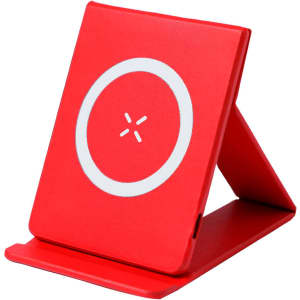 A red wireless charger sits upright on a flat surface, featuring a circular design on the front and a brand logo.