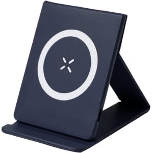 A wireless charger in navy blue with a circular logo, designed to hold smartphones upright.
