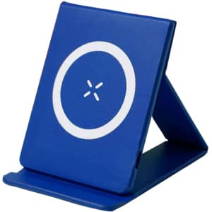 A blue wireless charger with a circular logo, featuring a foldable design for easy positioning.