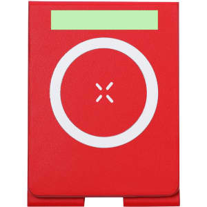 A red wireless charger with a circular design and a small logo located on the front.
