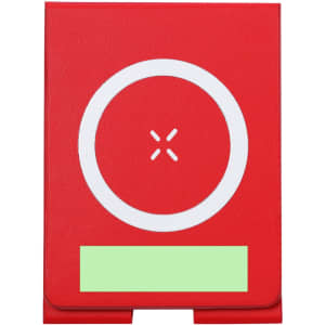 A red wireless charger with a circular design and a small logo. It features a smooth surface and a green section at the bottom.