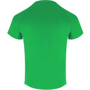 A green adult T-shirt featuring a fitted back design and short sleeves. Includes a logo on the upper back.