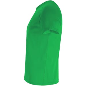 A green adult T-shirt displayed from the side, featuring a simple design and a branded logo.