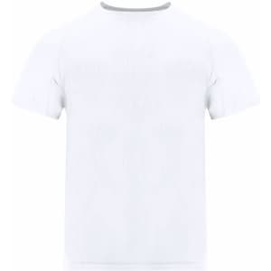 A white adult t-shirt with a grey collar and short sleeves, featuring a logo on the back.