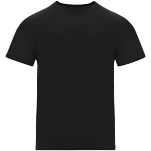 A black adult T-shirt featuring a round neckline and short sleeves, with a logo on the front.