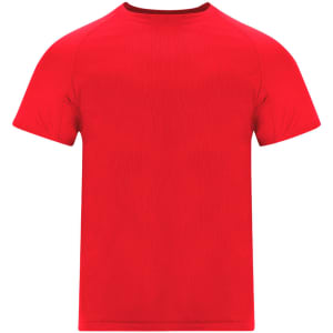 A red adult T-shirt with short sleeves, featuring a round neck and a logo.