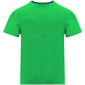 A green adult T-shirt featuring a plain design and crew neck style, with a logo on the front.