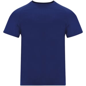 A navy blue adult T-shirt featuring short sleeves and a simple design. It has a logo on the upper area.