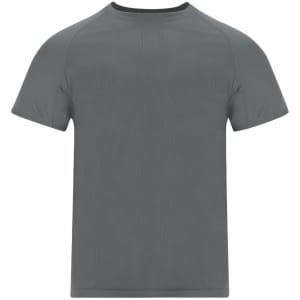 A grey adult T-shirt with a round neck and short sleeves, featuring a simple design and no visible branding.