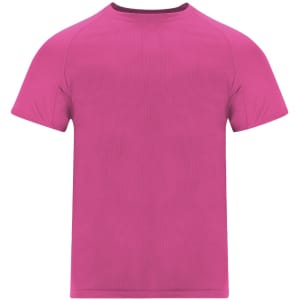 A pink adult T-shirt featuring a simple design and a rounded neckline. It includes a branding logo.