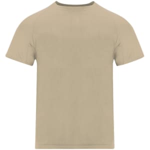 A beige adult T-shirt with a plain design and a round neck, featuring a logo on the label.