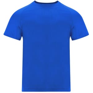 A bright blue adult T-shirt with a crew neck and short sleeves, featuring a logo.