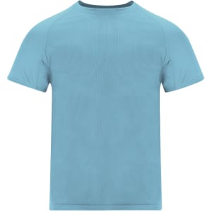 A light blue adult T-shirt with a solid colour design and a plain back, featuring a neckline without any text or graphics.