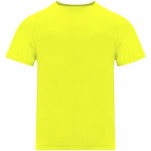 A bright yellow adult T-shirt with a simple design and a small logo.