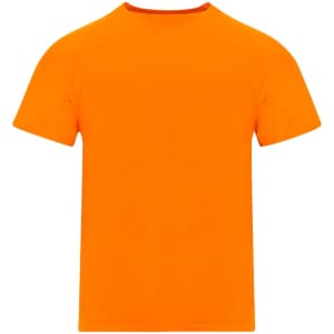 An orange adult T-shirt featuring short sleeves and a plain design, with a logo on the back.