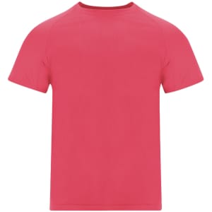 A bright pink adult T-shirt with short sleeves and a simple design. It features a logo on the front.