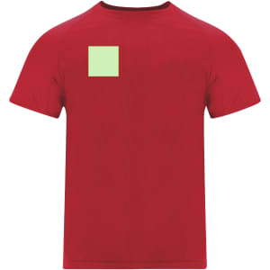 A red adult t-shirt featuring a small green square and a logo on the front.