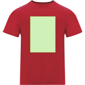 A red adult T-shirt featuring a blank green rectangular area on the back and a logo on the front.