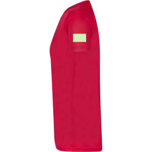 A red adult T-shirt with a patch on the sleeve and a simple design.