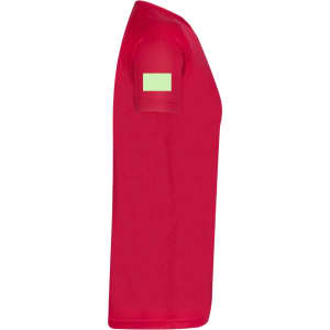 A red adult T-shirt featuring a simple design and a logo on the sleeve.