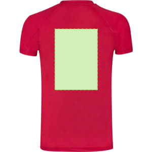 A red adult t-shirt with a green rectangular area on the back and a logo on the front.