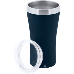 A drink bottle featuring a dark blue insulated cup with a stainless steel rim and a clear lid.