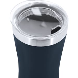 A travel mug in navy blue with a stainless steel rim and a clear lid. Features a logo.