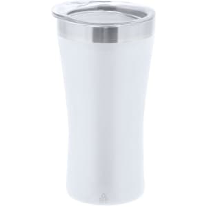 A white insulated travel mug with a stainless steel lid and a sleek design. It features a logo on the side.