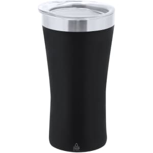 A drink bottle in matte black with a stainless steel lid and a logo on the side. Ideal for hot or cold beverages.