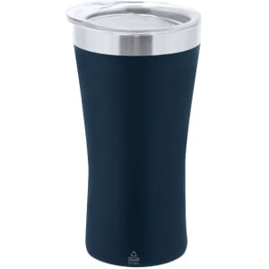 A drink bottle in navy blue with a stainless steel lid and a branding logo. Suitable for travel and insulated use.