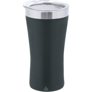 A travel mug in matte black with a stainless steel lid and a sleek design. It features a logo on the front.