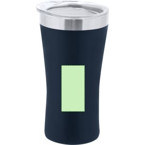 A drink bottle featuring a sleek navy design with a silver lid and a green rectangular label area.