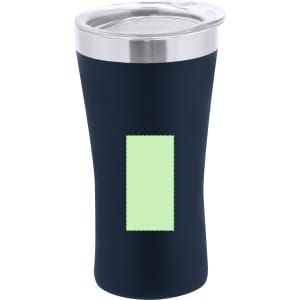 A drink bottle with a navy exterior, stainless steel rim, and a green rectangular section, featuring a lid.